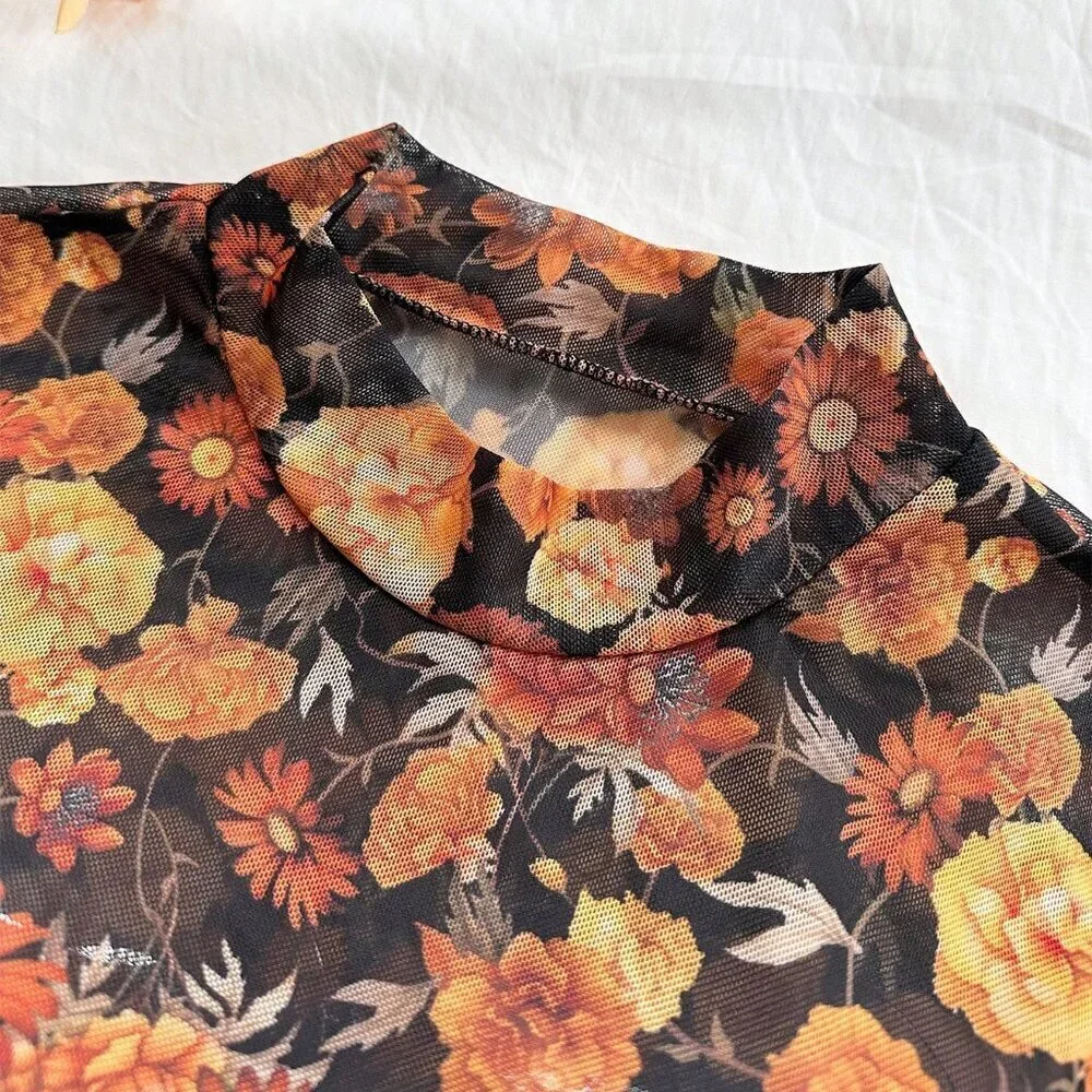 Multicolor Casual Women's Ditsy Floral Stand Collar Flare Sleeve mesh top